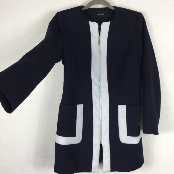Zara Navy White Two Tone Zipper Nautical Jacket Small - Picture 10 of 13